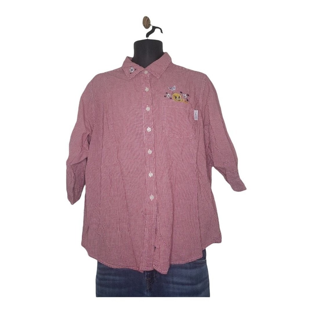 Looney Tunes Tweety Bird Gingham Shirt Women 16 Embroidered Red Check Button VTG